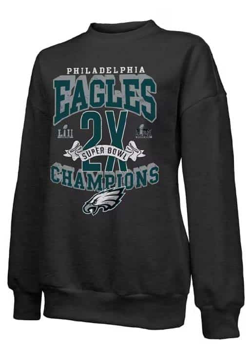 Philadelphia Eagles Womens Black 2024 Super Bowl Champs Yard Lines Crew Sweatshirt