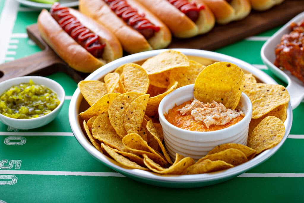 Buffalo chicken dip and tortilla chips, super bowl food