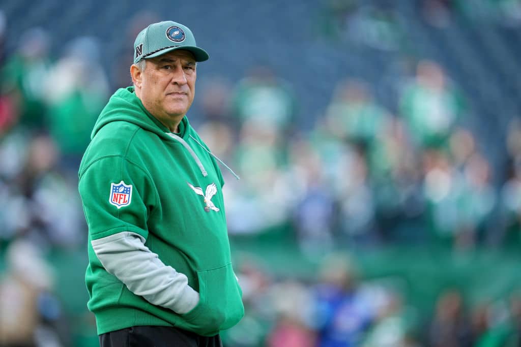 PHILADELPHIA, PENNSYLVANIA - DECEMBER 29: Defensive coordinator Vic Fangio of the Philadelphia Eagles looks on before the game against the Dallas Cowboys at Lincoln Financial Field on December 29, 2024 in Philadelphia, Pennsylvania.