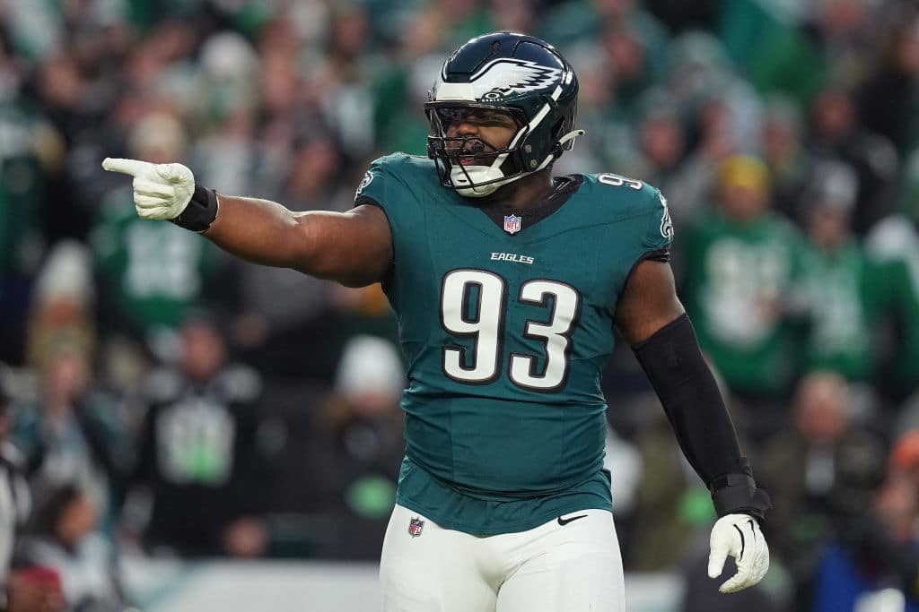 PHILADELPHIA, PENNSYLVANIA - JANUARY 12: Milton Williams #93 of the Philadelphia Eagles reacts against the Green Bay Packers during the NFC Wild Card Playoff at Lincoln Financial Field on January 12, 2025 in Philadelphia, Pennsylvania.