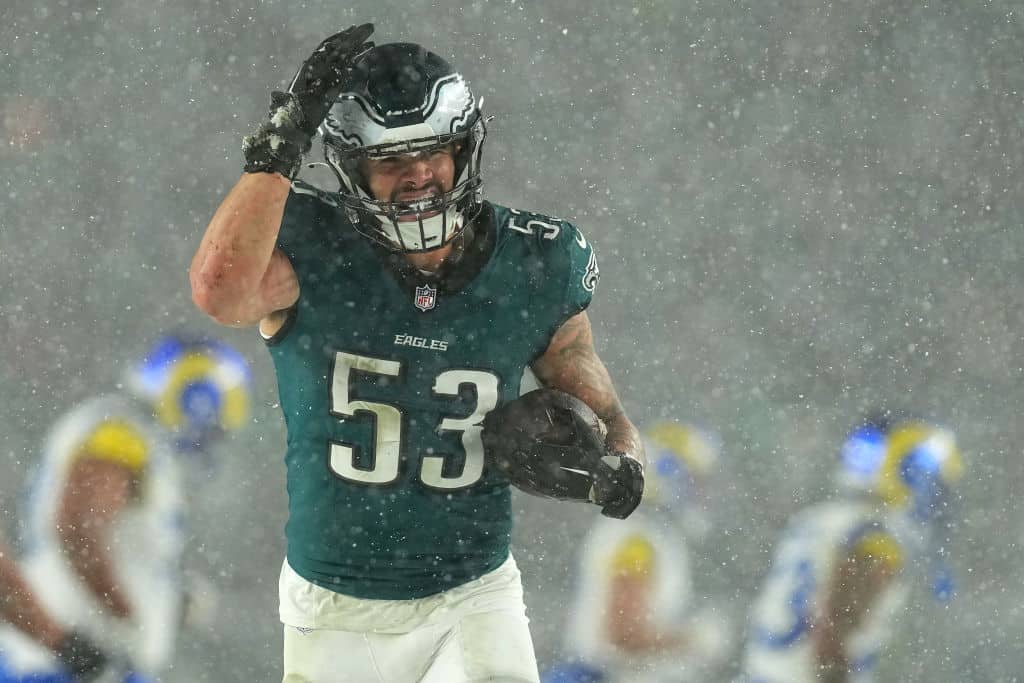 PHILADELPHIA, PENNSYLVANIA - JANUARY 19: Zack Baun #53 of the Philadelphia Eagles reacts after recovering a fumble against the Los Angeles Rams during the fourth quarter in the NFC Divisional Playoff at Lincoln Financial Field on January 19, 2025 in Philadelphia, Pennsylvania.