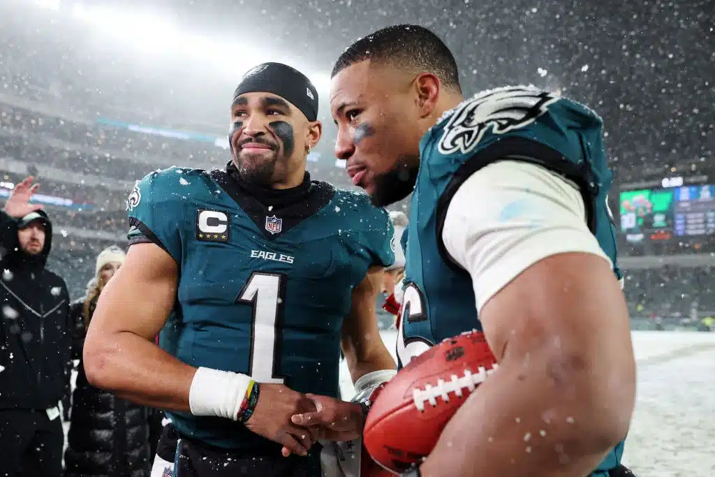 (L-R) Jalen Hurts #1 and Saquon Barkley #26 of the Philadelphia Eagles