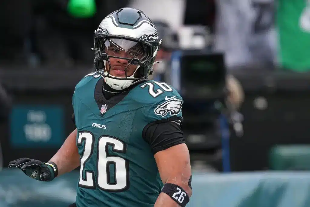 NFC Championship Game: Washington Commanders v Philadelphia Eagles penn state's Saquon Barkley #26 of the Philadelphia Eagles celebrates after scoring a 60 yard touchdown against the Washington Commanders during the first quarter in the NFC Championship Game at Lincoln Financial Field