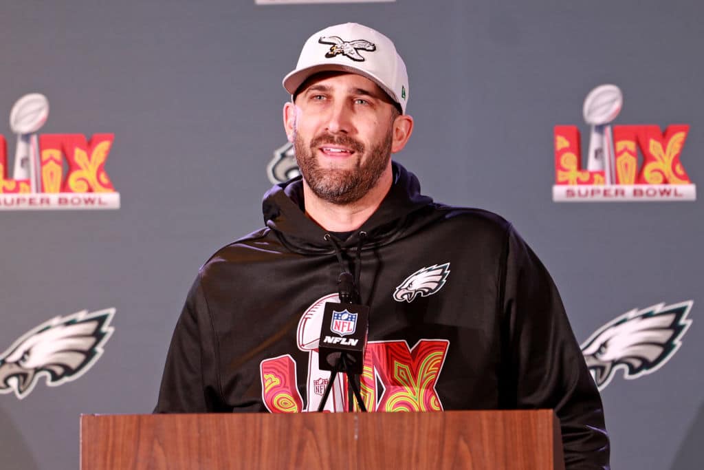 NEW ORLEANS, LOUISIANA - FEBRUARY 5: Head coach Nick Sirianni of the Philadelphia Eagles answers questions during the team's Wednesday media availability ahead of Super Bowl LIX at the Hilton New Orleans Riverside Hotel on February 5, 2025 in New Orleans, Louisiana. The Eagles face the Kansas City Chiefs this Sunday in the Caesars Superdome.