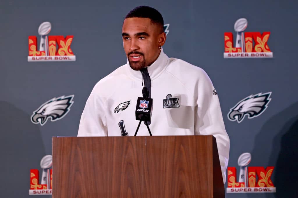 NEW ORLEANS, LOUISIANA - FEBRUARY 5: Quarterback Jalen Hurts #1 of the Philadelphia Eagles answers questions during the team's Wednesday media availability ahead of Super Bowl LIX at the Hilton New Orleans Riverside Hotel on February 5, 2025 in New Orleans, Louisiana. The Eagles face the Kansas City Chiefs this Sunday in the Caesars Superdome.