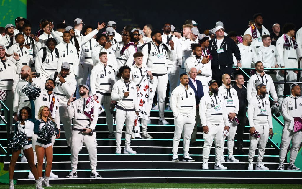 NEW ORLEANS, LOUISIANA - FEBRUARY 03: The Philadelphia Eagles stand together during Super Bowl LIX Opening Night at Caesars Superdome on February 03, 2025 in New Orleans, Louisiana.