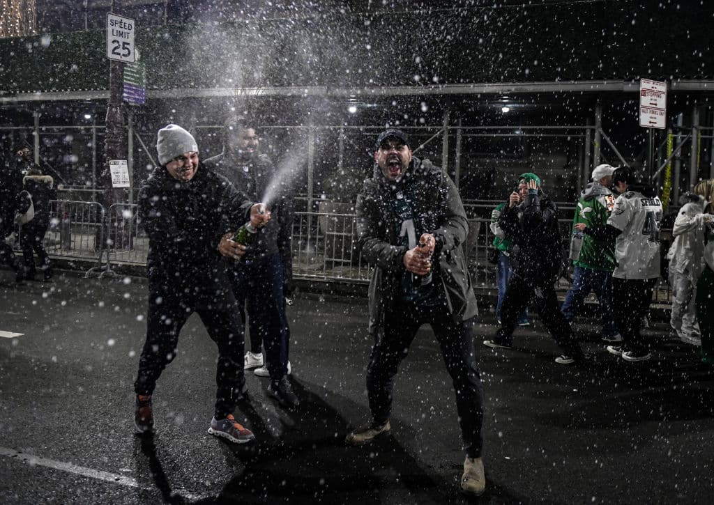 PHILADELPHIA, PENNSYLVANIA - FEBRUARY 09: Philadelphia Eagles fans celebrate the win over the Kansas City Chiefs on Super Bowl LIX against the Kansas City Chiefs on February 9, 2025 in Philadelphia, Pennsylvania. The Eagles are won their first Super Bowl since 2018 and prevented a "three-peat" by Kansas City. Sports Books