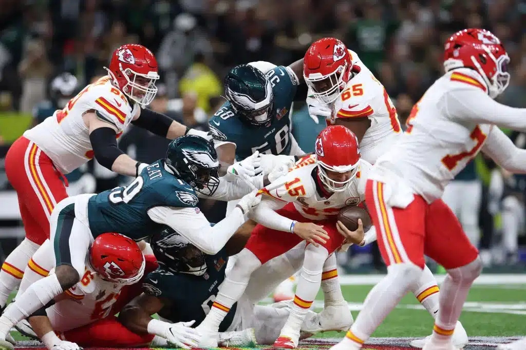 Eagles Defense led by Josh Sweat and Jalyx Hunt under defensive coordinator Vic Fangio sacking Patrick Mahomes