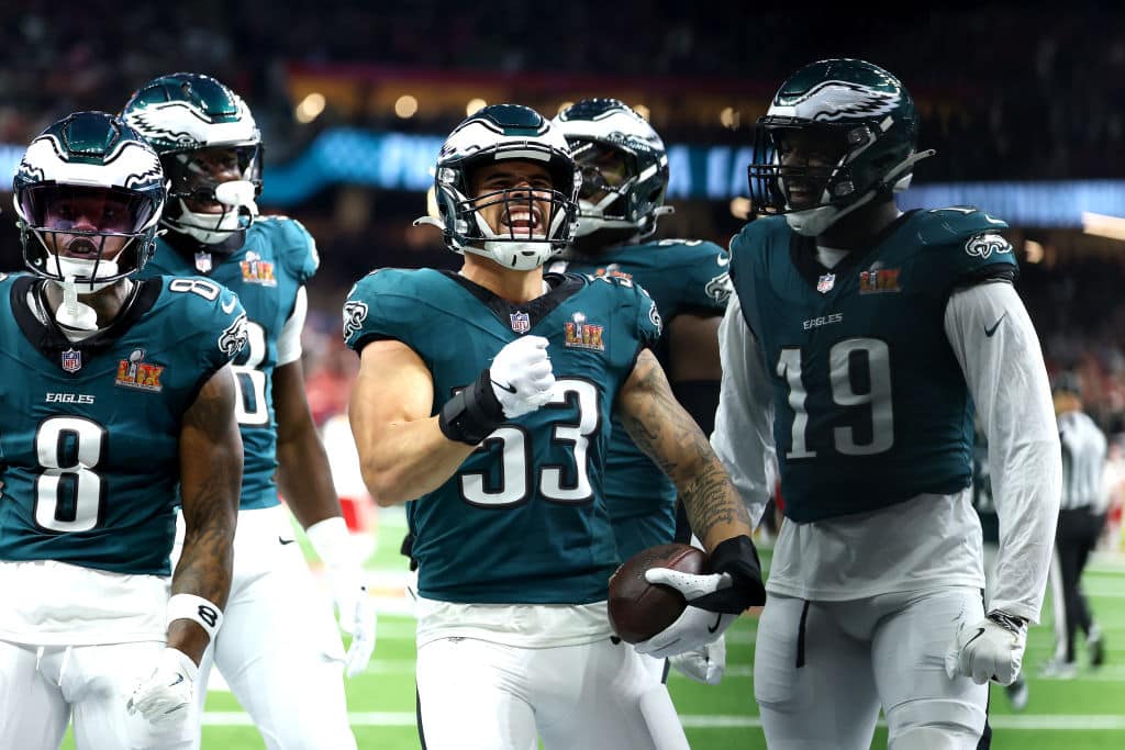 NEW ORLEANS, LOUISIANA - FEBRUARY 09: Zack Baun #53 of the Philadelphia Eagles celebrates with teammates after making an interception in the second quarter against the Kansas City Chiefs during Super Bowl LIX at Caesars Superdome on February 09, 2025 in New Orleans, Louisiana.