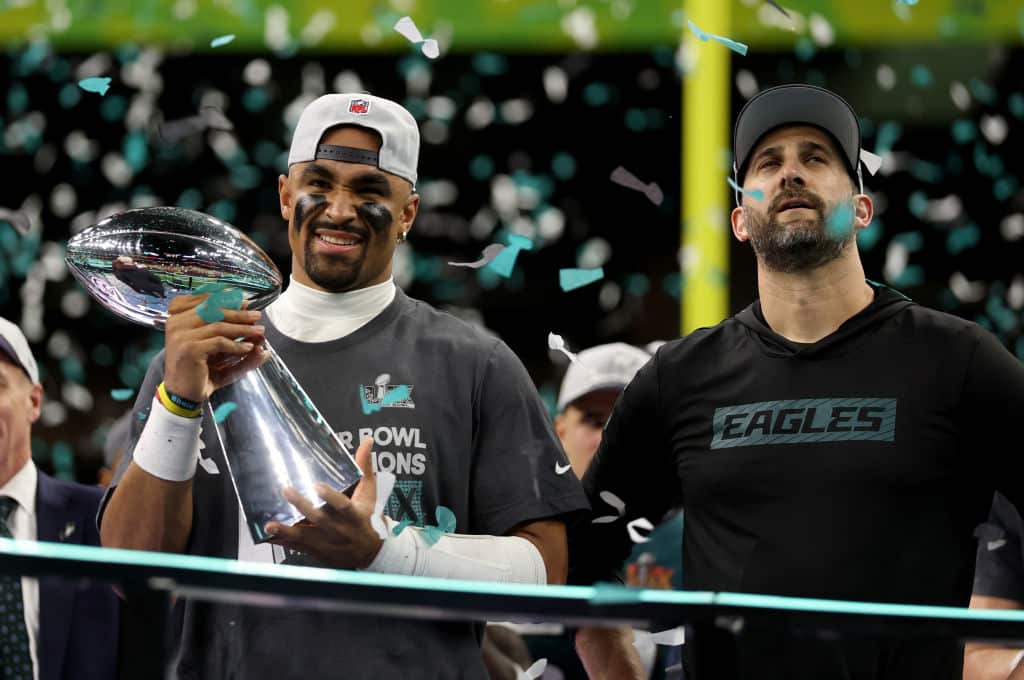 NEW ORLEANS, LOUISIANA - FEBRUARY 09: Jalen Hurts #1 of the Philadelphia Eagles celebrates with the Vince Lombardi Trophy after beating the Kansas City Chiefs 40-22 to win Super Bowl LIX at Caesars Superdome on February 09, 2025 in New Orleans, Louisiana.