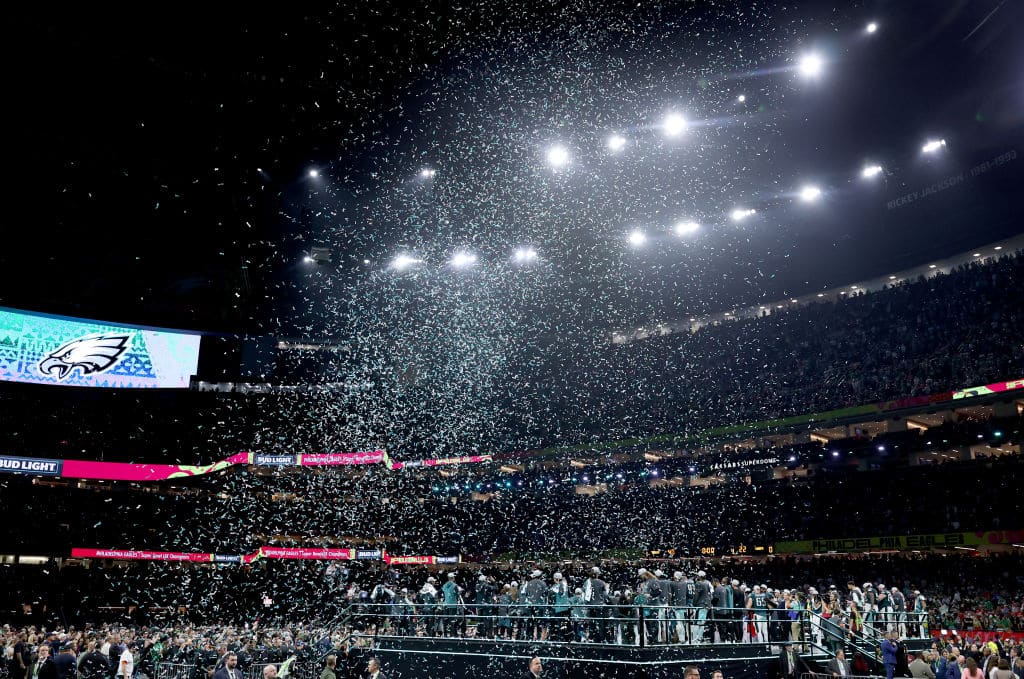 NEW ORLEANS, LOUISIANA - FEBRUARY 09: A general view of confetti during the trophy ceremony after the Philadelphia Eagles beat the Kansas City Chiefs 40-22 to win Super Bowl LIX at Caesars Superdome on February 09, 2025 in New Orleans, Louisiana.