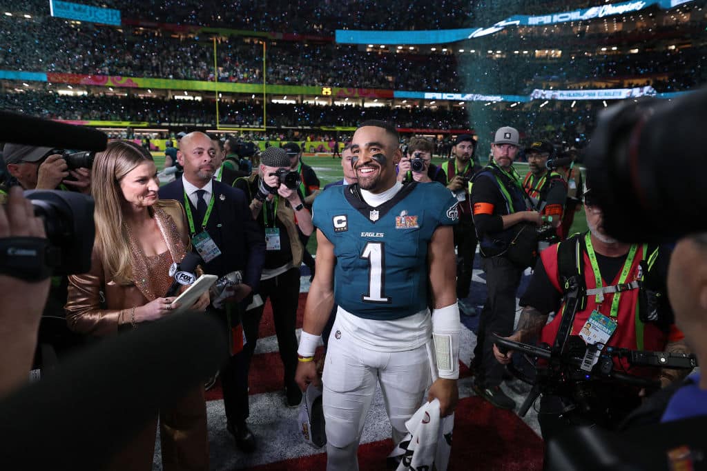 Jalen Hurts #1 of the Philadelphia Eagles celebrates after Philadelphia beat Kansas City 40-22 to win Super Bowl LIX