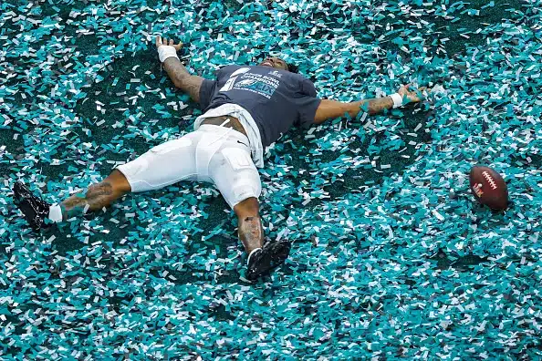 C.J. Gardner-Johnson #8 of the Philadelphia Eagles celebrates in confetti after beating the Kansas City Chiefs, 40-22, to win Super Bowl LIX