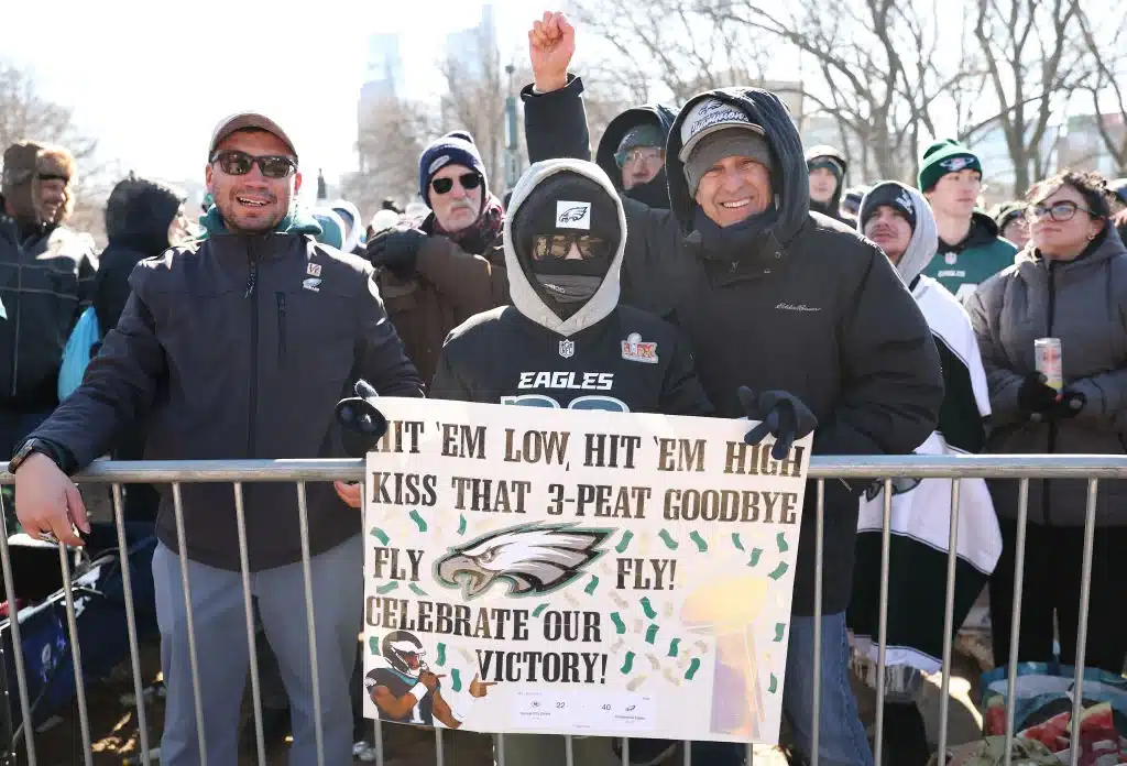 A fan holds signage while attending the Philadelphia Eagles Super Bowl Championship Parade