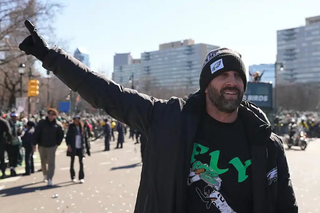 Head coach Nick Sirianni of the Philadelphia Eagles celebrates during the Philadelphia Eagles Super Bowl Championship Parade