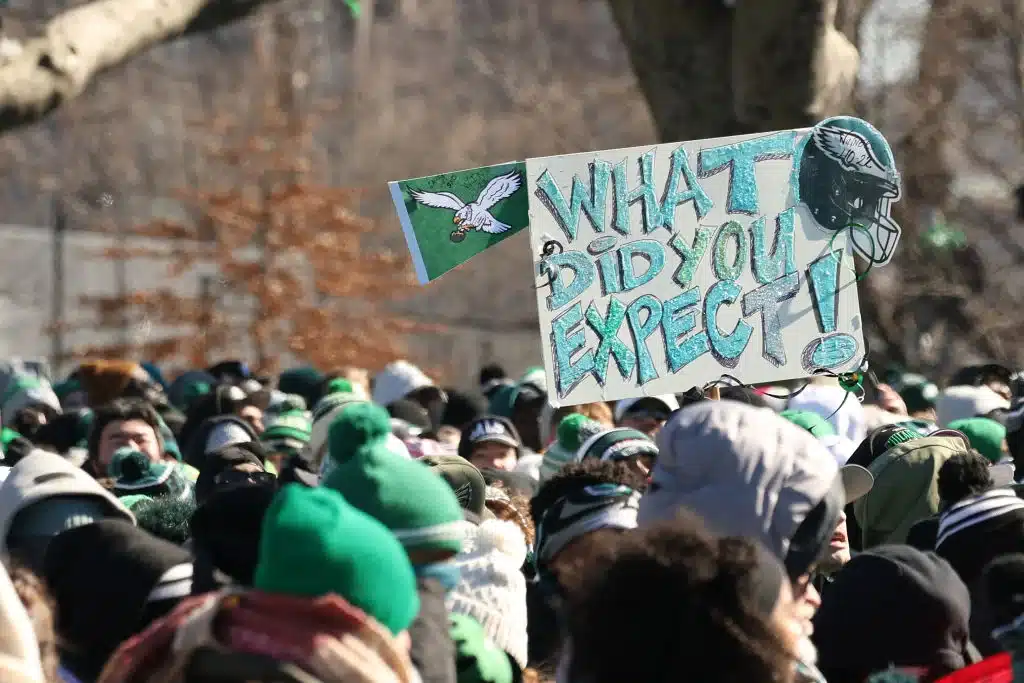 Philadelphia Eagles fans celebrate during the Philadelphia Eagles Super Bowl Championship Parade 