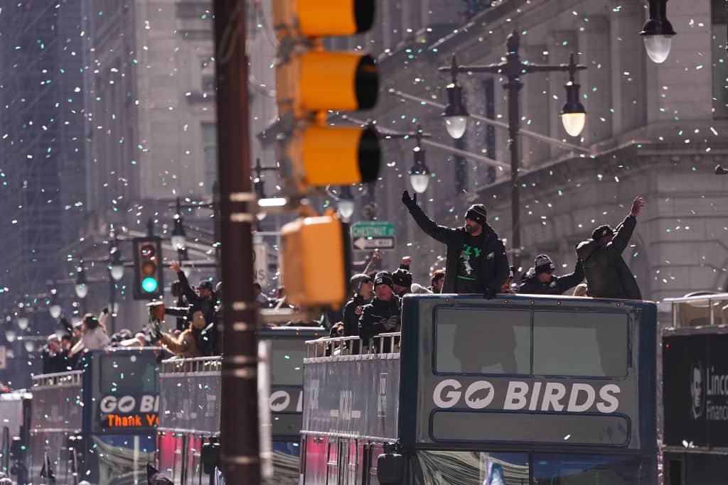 PHILADELPHIA, PENNSYLVANIA - FEBRUARY 14: Head coach Nick Sirianni of the Philadelphia Eagles celebrates during the Philadelphia Eagles Super Bowl Championship Parade on February 14, 2025 in Philadelphia, Pennsylvania.