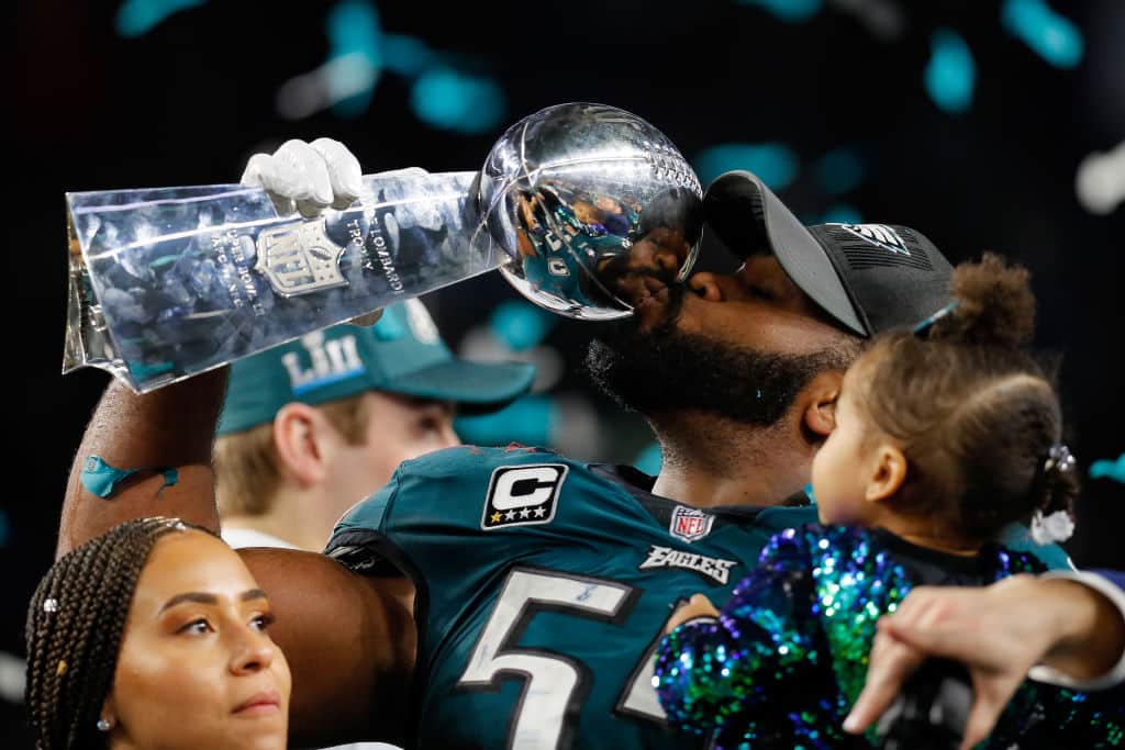 MINNEAPOLIS, MN - FEBRUARY 04: Brandon Graham #55 of the Philadelphia Eagles with his wife Carlyne and daughter Emerson Abigail after his teams 41-33 victory over the New England Patriots in Super Bowl LII at U.S. Bank Stadium on February 4, 2018 in Minneapolis, Minnesota. The Philadelphia Eagles defeated the New England Patriots 41-33.