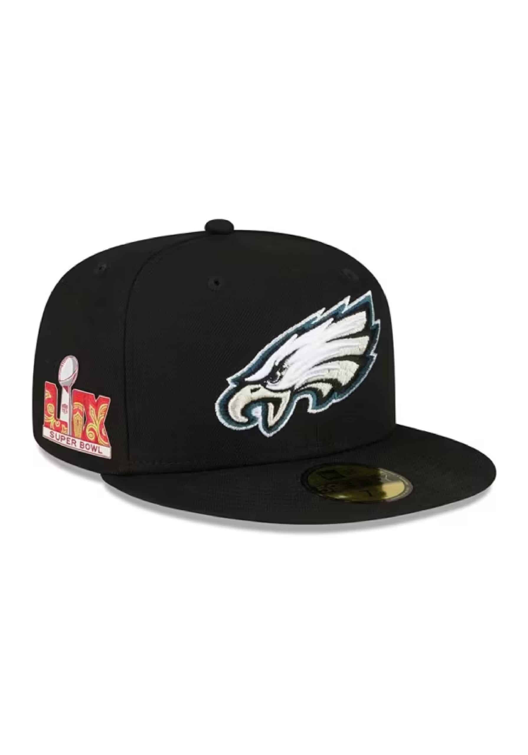 New Era Philadelphia Eagles Mens Black 2024 Super Bowl LIX Participant Side Patch 59FIFTY Fitted Hat