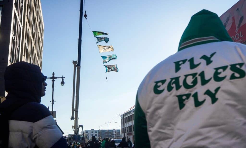 Philadelphia Eagles fans gather along South Broad Street ahead of the Eagles’ Super Bowl 59 victory parade in Philadelphia, PA, on Friday, Feb. 14, 2025.