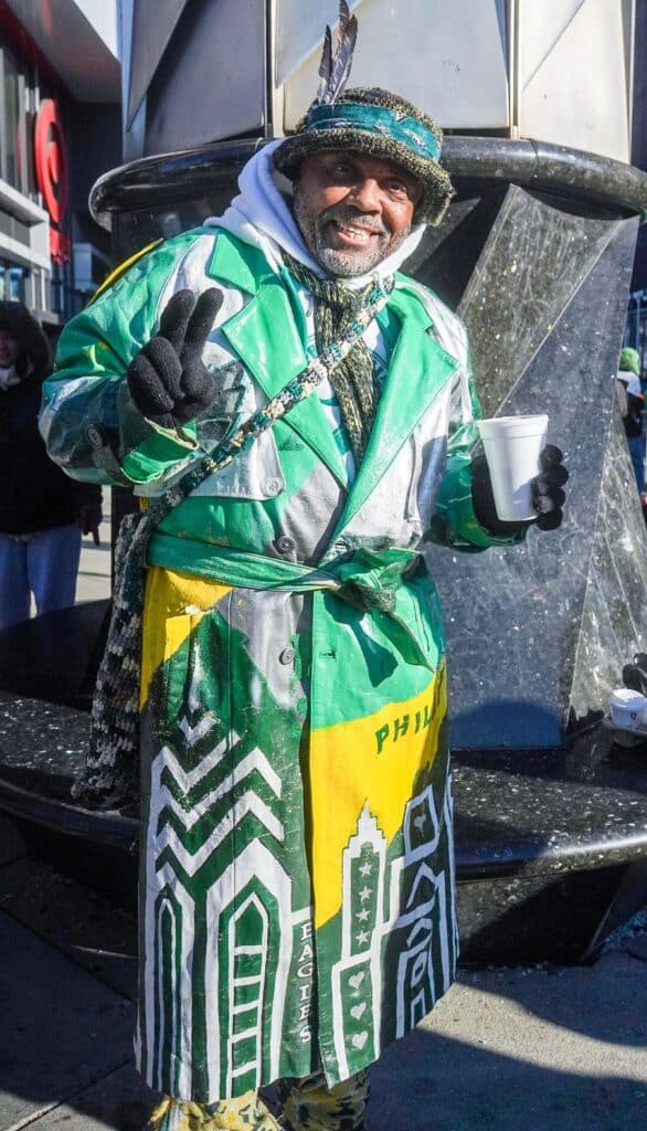 Philadelphia Eagles fan Wayne Stewart, from Phialdelphia, shows off his painted Philly-themed jacket