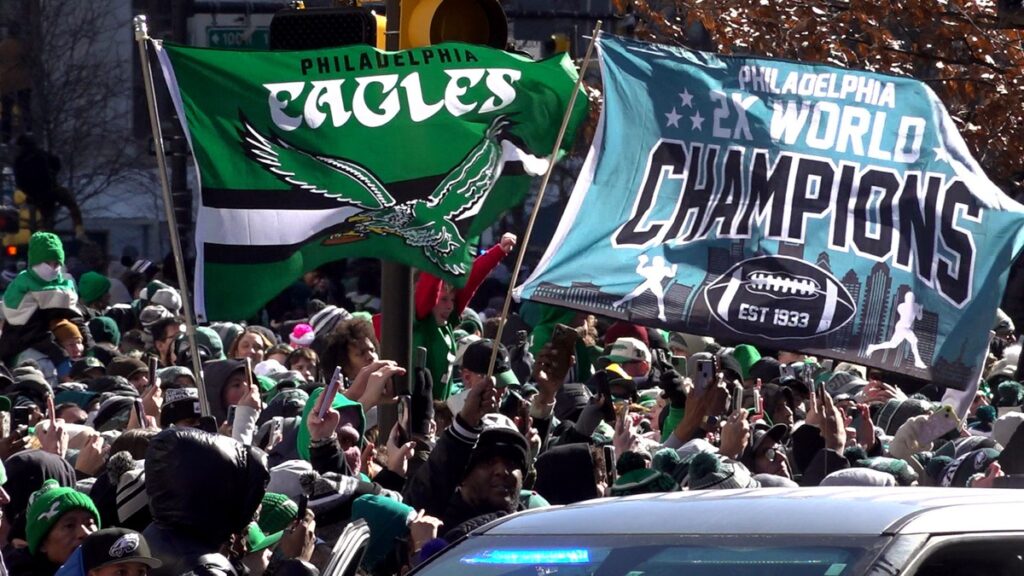 Fans gather along the Benjamin Franklin Parkway for the Philadelphia Eagles Super Bowl victory parade