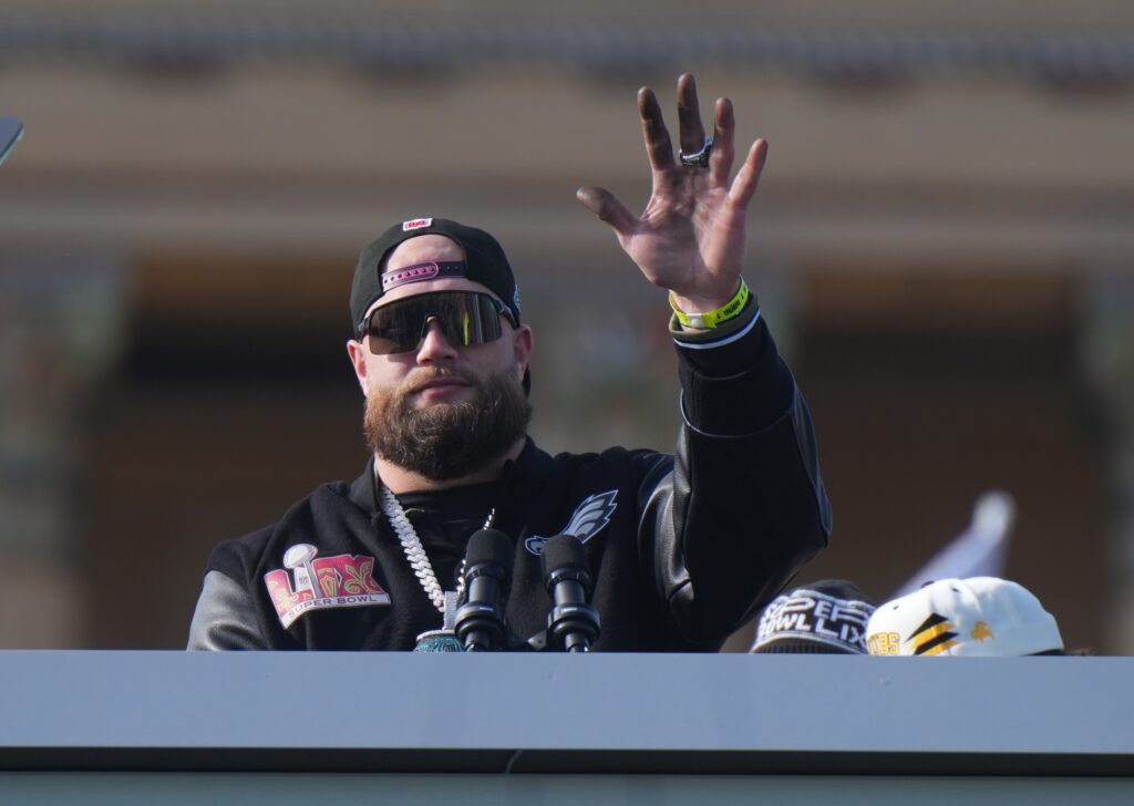 Philadelphia Eagles player Lane Johnson during the Super Bowl LIX championship parade and rally