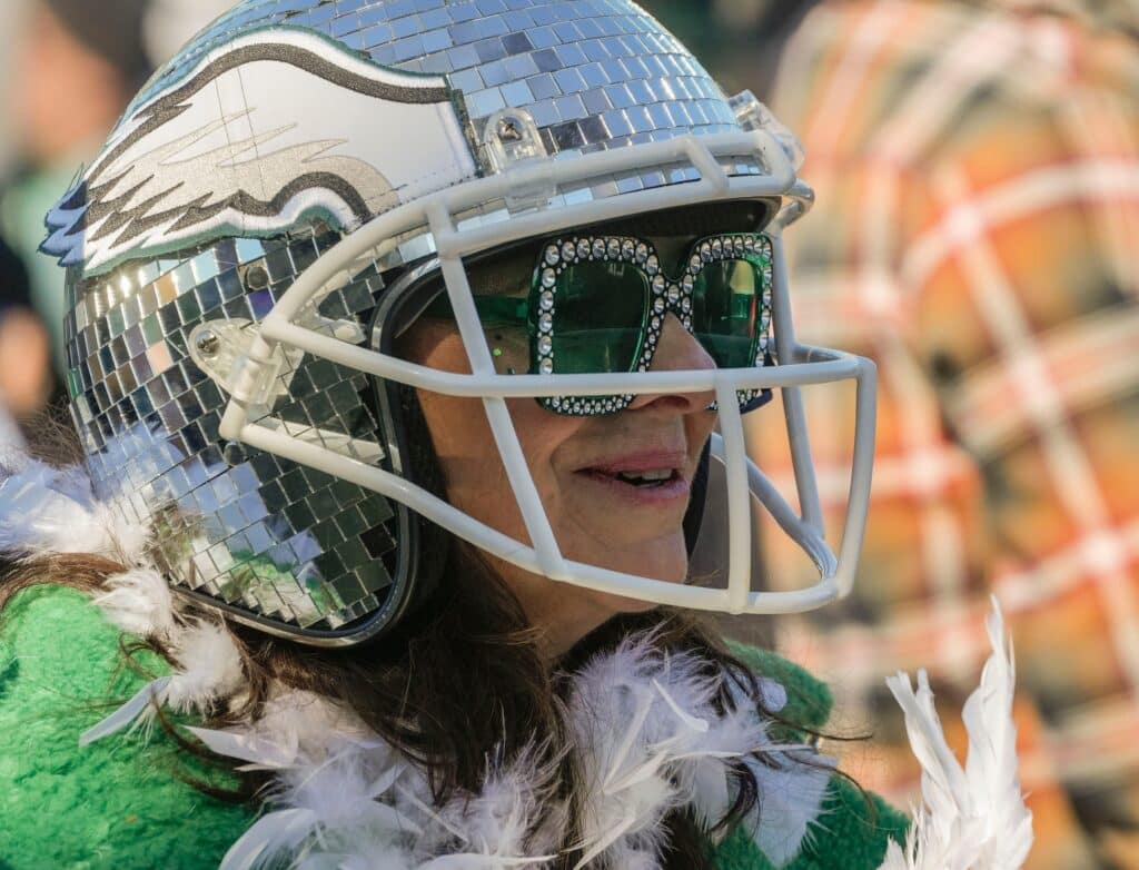 Philadelphia Eagles fan dressed up for the Super Bowl LIX parade