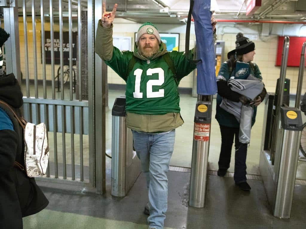 Eagles fans exit the 9/10th & Locust Street PATCO station in Philadelphia early Friday morning prior to the Philadelphia Eagles Super Bowl 59 victory parade on Feb. 14, 2025