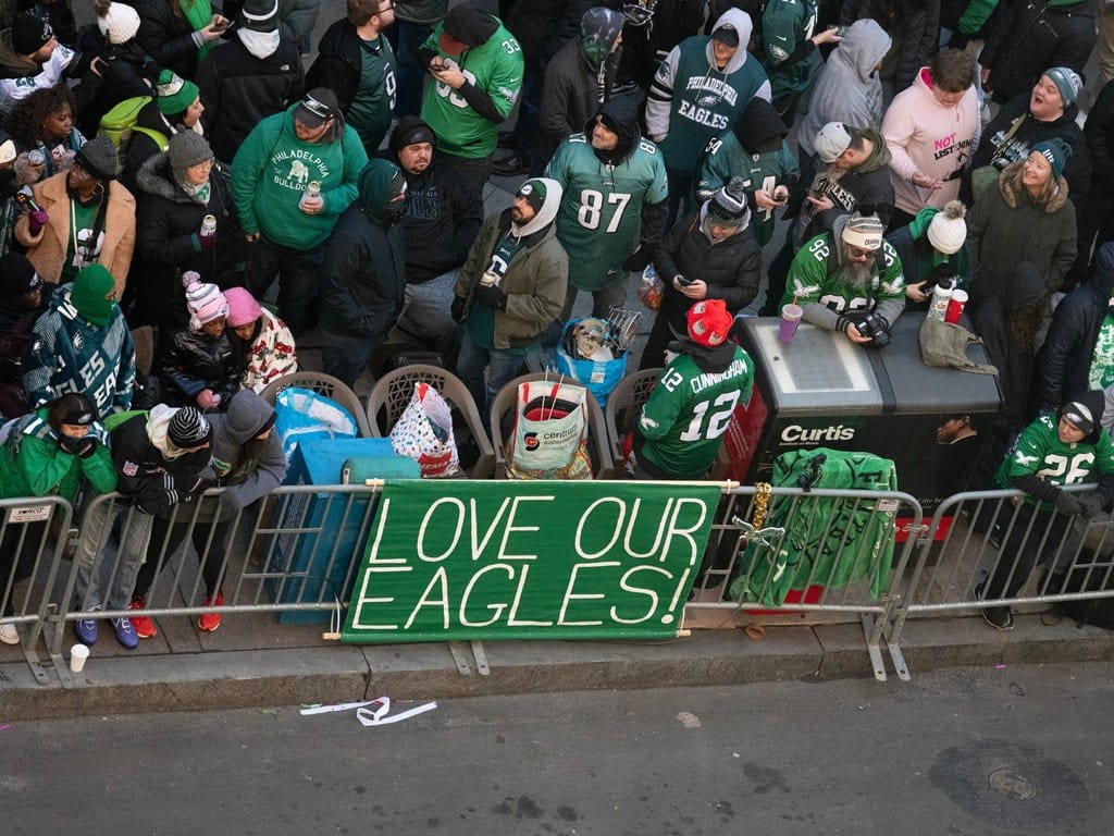 Eagles fans gather on Broad Street in Philadelphia prior to the Philadelphia Eagles Super Bowl 59 victory parade on Friday, Feb. 14, 2025.